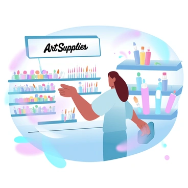 A patron is standing in an art supply store filled with a variety of paintbrushes displayed on shelves. The patron has their hand extended, reaching for a selection of paintbrushes that come in different sizes and shapes. The shelves are stocked with vibrant paint tubes in assorted colors, and there are rolls of colorful paper stacked nearby. The store has an inviting atmosphere with a warm glow from overhead lights, enhancing the array of colors in the environment. A large sign in the background reads "Art Supplies" in bold lettering.