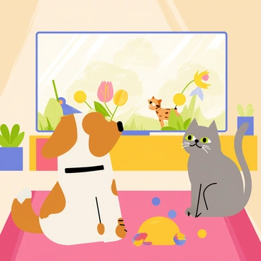 A brown and white dog with floppy ears and a fluffy tail sits on the left. Beside the dog, a fluffy gray cat with bright green eyes is perched comfortably. The two animals are sitting on a cozy, colorful rug. In front of them is a television screen displaying a vibrant animal show featuring various wildlife scenes. The room is filled with playful decorations, including a few toys scattered around. The warm glow from the television illuminates the dog's and cat's faces as they watch attentively.