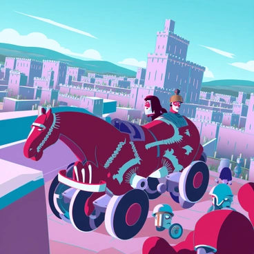 A panoramic view from the walls of Troy, showcasing the ancient city with its towering stone walls and bustling activity. In the foreground, the massive "Trojan Horse" made of wood, intricately detailed with carvings, is being wheeled into the city by a group of muscular warriors. Their expressions are a mix of determination and excitement. Surrounding the horse, other Trojan soldiers look on with curiosity, their armor glinting in the sunlight. In the background, the distant hills frame the scene, while the sky overhead is clear with a few drifting clouds.