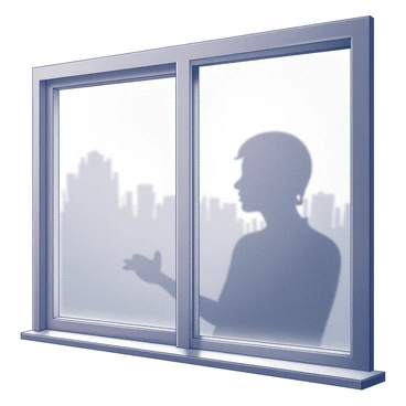 A window covered in fog, creating an obscured view of the outside. The glass has condensation, with water droplets pooling and streaming down. Within the misted surface, an indistinct outline of a face is emerging, softly defined by the condensation. The features are subtle, suggesting a profile, with a blurred appearance that gives an impression of depth in the fog. The background is obscured, enhancing the mysterious feel of the scene.