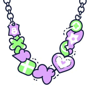 A close-up illustration of a whimsical necklace is centered in the image. The necklace comprises various unusual shapes such as stars, hearts, and abstract forms, all interconnected by a fine chain. Each shape is intricately designed, showcasing a mix of patterns and textures. The shapes are adorned with detailing that highlights their unique characteristics. The overall composition captures the playful essence of the necklace, drawing the viewer's eye to its creative and intricate design.