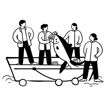 A group of scientists wearing lab coats stands on the deck of a boat, focused on tagging a large tuna. One scientist holds a tagging device, while another gently supports the fish. The boat is anchored in the water, surrounded by buoy markers. There are marine research equipment and notebooks scattered on the deck, indicating active research. The sea ripples around the boat, creating a dynamic setting for the scene.