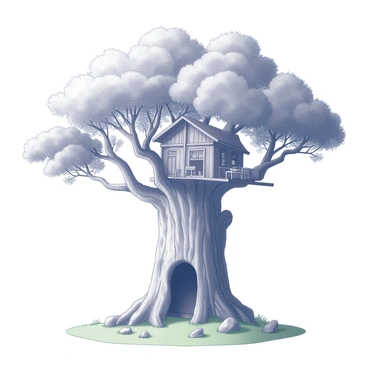 A colossal tree with a massive trunk, thick and sturdy, dominating the landscape. The trunk has a rough, textured bark with deep grooves and crevices. There are large branches extending outwards, creating a sprawling canopy above. The interior of the trunk reveals a hollow space, large enough for a small house to fit inside, with wooden beams and rustic furnishings visible. Surrounding the tree is a carpet of lush green grass, and a few small rocks scattered around its base, emphasizing the tree's grandeur.