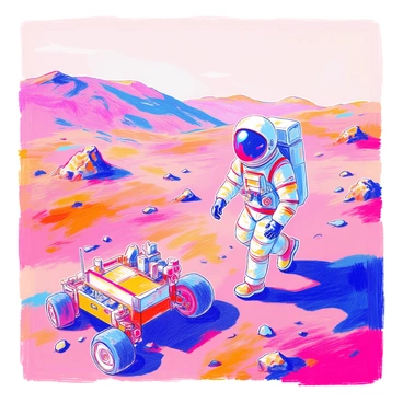 An astronaut in a white space suit is stepping onto the red sands of Mars. The astronaut is wearing a reflective helmet that captures a glimpse of the Martian landscape. Nearby, a rovers sits on the sandy surface, its wheels partially sunk into the ground. The Martian terrain is rugged with scattered rocks and dust swirling slightly in the thin atmosphere. The sky above is a muted shade, hinting at the planet's distance from the sun.