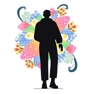 A black silhouette of a person stands in the center of the image. Surrounding the silhouette is a vibrant kaleidoscope composed of various fashion patterns. There are geometric patterns in shades of blue, pink, and yellow, along with floral designs in red and green. Swirls of polka dots and stripes add texture to the composition. The patterns create a dynamic backdrop that enhances the silhouette's form.