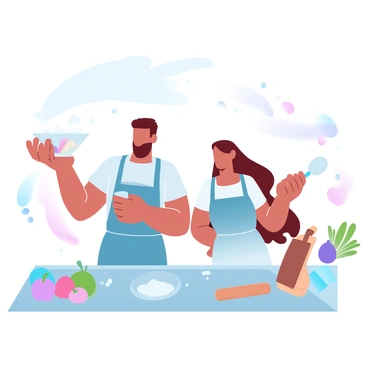 A man and a woman are in a kitchen, surrounded by various cooking ingredients. The man is holding a bowl of flour that is spilling onto the countertop, while the woman is laughing and holding a measuring cup with a few dropped pieces of vegetables beside her. They are both wearing aprons, with the kitchen tools and utensils scattered around them. There are colorful fruits and vegetables on the countertop, and a large wooden cutting board is visible nearby. Above them, a playful splash of flour is creating a light, whimsical atmosphere.