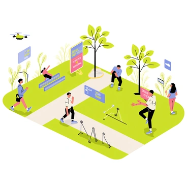 A futuristic park featuring vibrant green grass and sleek pathways. People are seen engaging in various fitness activities like running, cycling, and practicing yoga. Interactive game elements appear throughout the park, such as large, colorful screens displaying fitness challenges and holographic displays encouraging participation. Some individuals are using augmented reality goggles while interacting with virtual fitness games. The park is filled with modern seating areas and high-tech workout equipment, surrounded by futuristic trees with glowing leaves. A drone flies overhead, capturing the activities below.