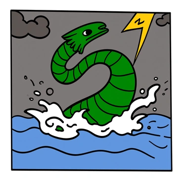 A massive serpent with dark green scales emerging from the depths of a turbulent ocean. The creature is large and imposing, with its body coiling upwards as waves crash around it. The water splashes dramatically against its scales, creating a misty sea spray. The ocean is filled with deep blue hues, and the sky above is a mix of dark storm clouds and flashes of lightning illuminating the scene. The serpent's fierce eyes are visible, conveying strength and power as it rises from the churning waters, showcasing its immense size and mythical presence.