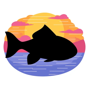 A silhouette of a sunfish with a rounded body and large dorsal fin is positioned in the foreground. The sunfish is outlined against a backdrop featuring a vibrant sunset with hues of orange, pink, and purple. The sky is filled with wispy clouds that catch the colors of the setting sun, creating a dramatic contrast against the darker silhouette of the fish. The water below reflects the vivid colors of the sky, enhancing the overall scene.