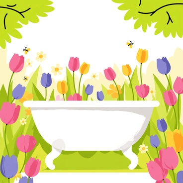 A white porcelain bathtub is placed in the center of a vibrant garden filled with colorful flowers in full bloom. Delicate pink roses, cheerful yellow daisies, and deep purple tulips create a lush backdrop. Butterflies with bright wings flutter gracefully around the flowers, while small yellow bees buzz energetically from blossom to blossom. Sunlight filters through the leaves of nearby trees, casting playful shadows on the ground, enhancing the serene atmosphere of the scene.