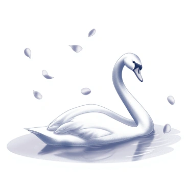 A swan swimming gracefully in a calm waterbody. Its neck is elegantly curved, and the feathers are pristine. Cherry blossom petals are gently falling all around it, creating a delicate cascade. The water reflects the soft shapes of the petals as they touch the surface, adding a subtle texture to the scene. The environment is tranquil, enhancing the serene presence of the swan amidst the falling blossoms.