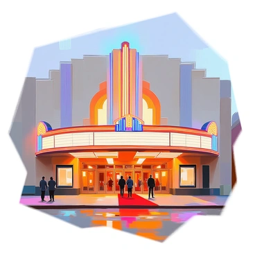 A mid-century theater exterior showcases an impressive art deco marquee adorned with geometric patterns and intricate details. The marquee is illuminated by bright, vibrant lights that create a warm glow against the evening sky. The theater building features a classic design with a bold facade, large glass windows, and decorative elements that reflect the elegance of the era. In front of the theater, a red carpet leads up to the entrance, and a few pedestrians can be seen admiring the marquee while waiting to enter.