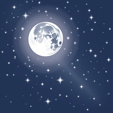A night sky densely populated with sparkling stars. The stars vary in size and brightness, creating a sense of depth and dimension. A large, glowing moon dominates the scene, casting a soft light that illuminates the surrounding stars. The moon's surface features craters and textures, adding detail to its appearance. The overall composition conveys a sense of vastness and wonder in the universe.