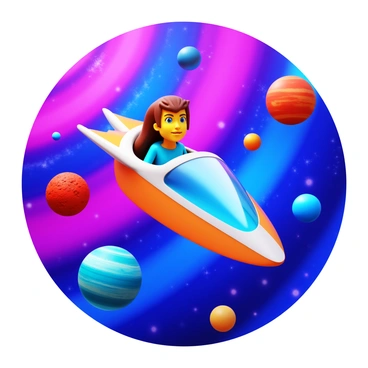 A character named Jo piloting a sleek spaceship. The spaceship has a streamlined design with bold colors. Surrounding Jo are vibrant nebulae in shades of pink, blue, and purple, with swirling patterns of gas and dust. Various planets can be seen in the background, each with distinct colors and textures, including a red rocky planet and a ringed gas giant. Jo is focused, with a determined expression while navigating through the cosmic landscape.