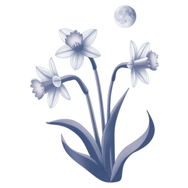 A cluster of daffodils with distinct trumpet-shaped flowers, their petals delicately curved and arranged in a star-like fashion. The flowers are positioned in a natural setting, partially illuminated by the soft light of a full moon overhead. The moon casts gentle shadows across the leaves of the daffodils, enhancing their form and texture. The scene captures the serene ambiance of the night, highlighting the elegance of the daffodils in the moonlight.