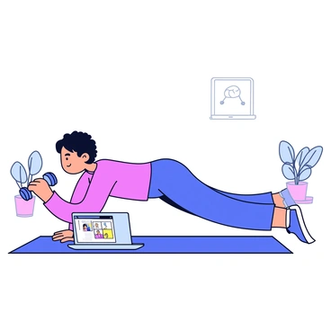 A person is performing renegade rows on a yoga mat. The individual is positioned in a plank stance, holding a dumbbell in each hand. The person is focused, with a slight bend in their knees and a straight line from head to heels. Nearby, on the floor, is a laptop open and displaying an online class. The room has a bright and clean appearance, with a single potted plant in the corner. The lighting is natural, illuminating the scene effectively.