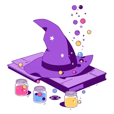 A purple wizard's hat is resting on a wooden table, with colorful marbles scattered around it. The hat is oversized and adorned with stars and moons, giving it a magical appearance. Above the hat, several marbles are levitating, glowing softly. In front of the hat, there are three jars of different sizes: one is filled with red marbles, another with blue marbles, and the last with yellow marbles. Marbles are being sorted into the jars using various techniques, such as rolling down inclined planes and being magically pulled by thin threads of light. The scene conveys a sense of organized chaos with vibrant colors and a whimsical atmosphere.