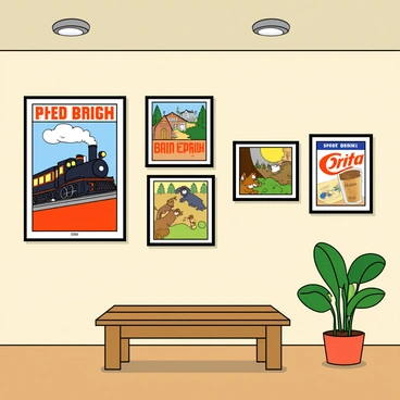 A collection of vintage illustration posters hanging on a light-colored wall in an art gallery. The posters feature various colorful designs, including a classic travel advertisement with a steam train, a whimsical fairy tale scene with animals, and a retro advertisement for a soft drink. Each poster is framed in a simple black frame, and there is soft lighting highlighting the artwork. A wooden bench is placed in front of the wall for viewers to sit and admire the posters, and a small potted plant is nearby.