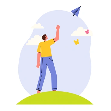 A person standing on a grassy hill, leaning slightly forward as they prepare to launch a blue paper airplane into a clear blue sky. The person has short brown hair and is wearing a bright yellow t-shirt and blue jeans. In the background, fluffy white clouds float in the sky, and a few colorful butterflies can be seen fluttering nearby. The scene captures a sense of anticipation and excitement, with the paper airplane soaring upwards, representing a creative aspiration.