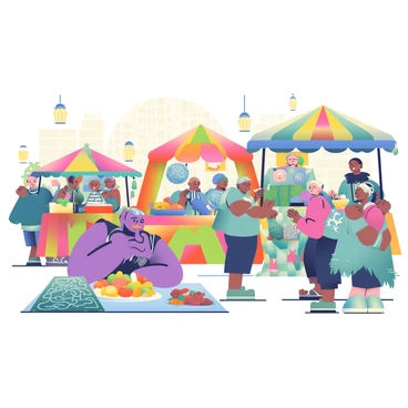 A bustling alien marketplace is filled with various vendors showcasing exotic goods and foods. Colorful tents with intricate patterns are pitched throughout the marketplace, each adorned with hanging decorations. A vendor with bright purple skin is selling vibrant fruits that glow softly under the marketplace lights. Nearby, another vendor is displaying unique textiles in shades of blue and green, with patterns that seem to shift and shimmer. Customers of various alien species are interacting with the vendors, some pointing at items of interest while others are sampling strange, colorful dishes presented on ornate platters. In the background, floating lanterns illuminate the scene, casting a warm and inviting glow over the lively atmosphere.