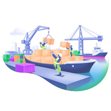 A bustling port scene with workers actively loading wooden crates onto a large barge vessel. The barge is docked at the edge of the pier, surrounded by water reflecting the sky. The workers, wearing safety vests and hard hats, are lifting and stacking the crates carefully. In the background, towering cranes are moving more crates, and a few other ships are visible in the distance. A variety of colorful cargo containers can be seen lining the dock, adding to the lively atmosphere of the port.