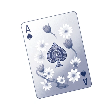 A playing card with intricate designs of various blooming flowers scattered across its surface. The flowers include detailed depictions of roses, daisies, and tulips in a symmetrical arrangement. The card features a central emblem with ornate patterns framing the floral elements, enhancing its decorative appearance. The edges of the card are rounded, and there is a subtle border that complements the floral designs.