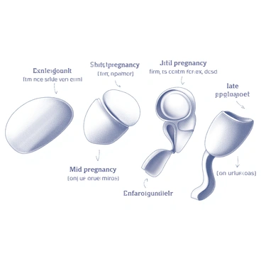 An illustration depicting the cervix at various stages of pregnancy. The first section shows a non-pregnant cervix, characterized by its closed, firm structure. The second section displays the cervix during early pregnancy, which is slightly softened and remains closed. In the third section, the cervix is shown during mid-pregnancy, appearing more elongated as the pregnancy progresses. Finally, the last section presents the cervix in late pregnancy, demonstrating a softened and effaced appearance, indicating readiness for labor. Each stage is clearly labeled, providing a visual guide to the changes in the cervix throughout pregnancy.