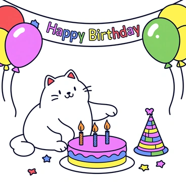 A cat with soft, white fur sits in a colorful birthday party setting. The background features bright, balloon decorations in various colors, including red, blue, green, yellow, and purple. A large rainbow banner hangs overhead, with the words "Happy Birthday" in bold letters. In front of the cat, there is a round birthday cake with layers of pink, blue, and yellow frosting. The cake is topped with three lit candles, each one a different color: red, orange, and green. Confetti in the shape of stars and hearts is scattered on the table around the cake. The cat is playfully reaching out towards a shiny, colorful party hat lying next to it.