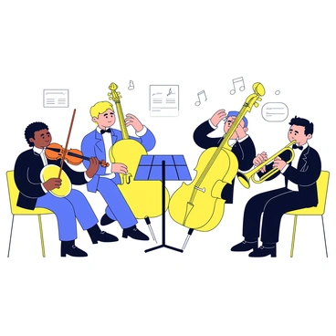 An orchestra is playing music using instruments that appear to be made of golden butter. The violins and cellos have a smooth, glossy surface, resembling melted butter. The brass instruments, such as trumpets and trombones, gleam with a rich golden hue, reflecting light as they are held by the musicians. The musicians are focused, wearing classic black and white attire. The backdrop features faint outlines of music stands and sheet music, creating an atmosphere of a lively performance.
