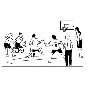 A basketball court is set up for an international match. On the court, players in wheelchairs are engaged in an intense game. Each player is wearing a unique jersey that represents their country, featuring distinct designs and patterns. The players are of various ethnicities, showcasing diversity in the sport. One player is dribbling the ball while another is positioned for a shot. Spectators can be seen in the background, watching the game with enthusiasm. The referee is standing nearby, observing the play closely.