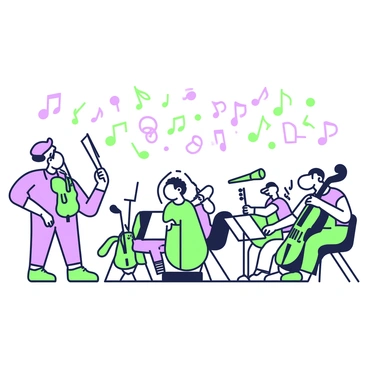 A symphony orchestra is set up in a concert hall. The musicians are stylized enzymes, each with unique shapes and features. The conductor, a large enzyme with a long tail, stands at the front, energetically waving a baton. The first violin section, featuring enzymes with elongated structures, is positioned on the left. The cello section, with more rounded enzymes, sits in the center, deeply engaged in their music. On the right, brass enzymes, characterized by their metallic sheen, play loudly. Above the orchestra, musical notes are illustrated, swirling in the air, representing the harmonious reaction created by the performance. The audience watches in awe, captivated by the unique concert.