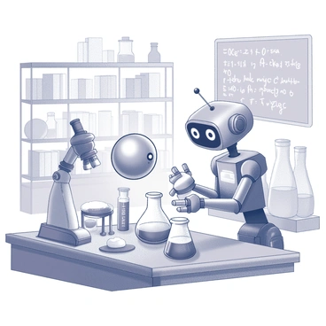 An anion, depicted as a small, negatively charged particle with a spherical shape, is collaborating closely with a friendly robot. The robot is designed with a rounded body, two large expressive eyes, and articulated arms, which it uses to assist the anion. They are situated at a cluttered workbench filled with various scientific instruments, such as beakers, test tubes, and a microscope. The anion appears to be communicating with the robot, while the robot carefully holds a beaker with liquid, ready to pour it into a larger flask. The background features shelves filled with books and a chalkboard covered in calculations.