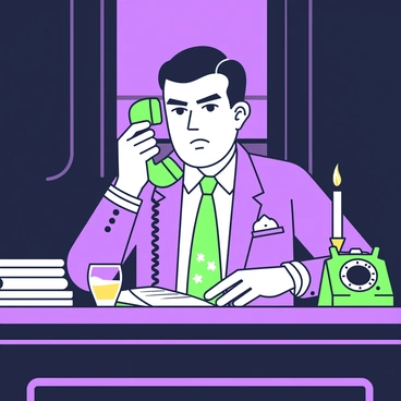 A mafia boss is seated at a heavy, ornately carved wooden desk in a dimly lit room. He has slicked-back dark hair and wears a tailored suit with a tie featuring a subtle pattern. In his right hand, he holds a vintage rotary phone, its receiver pressed to his ear. His expression is serious, with furrowed brows and a piercing gaze. On the desk in front of him, there are stacks of papers, a small brass desk clock, and a glass of whiskey. The background features dark wood paneling and a shadowy silhouette of a large window. A flickering candle rests on the desk, casting a warm glow.