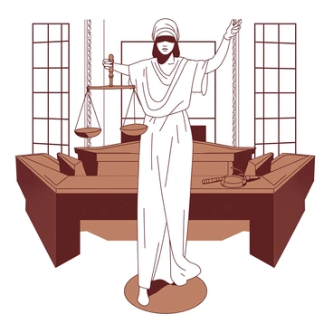 A white statue of justice stands prominently in the center of a courtroom. The statue features a blindfolded figure, representing impartiality, holding a pair of balanced scales in its right hand. The scales are evenly poised, symbolizing fairness. The courtroom has a polished wooden floor and tall windows, allowing natural light to illuminate the statue. There are wooden benches arranged for spectators, and a judge's bench with a gavel placed on it, positioned behind the statue.