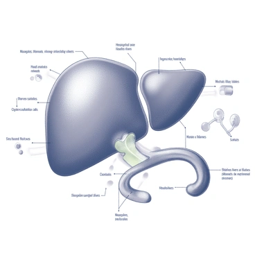 An illustration depicting the internal structure of a liver, showcasing its various lobes and cells. The liver is highlighted with labeled sections indicating areas involved in different metabolic processes. Small arrows indicate the flow of blood and metabolic substrates within the liver. Various cellular structures such as hepatocytes and sinusoids are visible, with annotations explaining their roles in metabolism. Additional elements like glucose, fatty acids, and urea are represented in a diagrammatic form to illustrate their respective metabolic pathways within the liver.