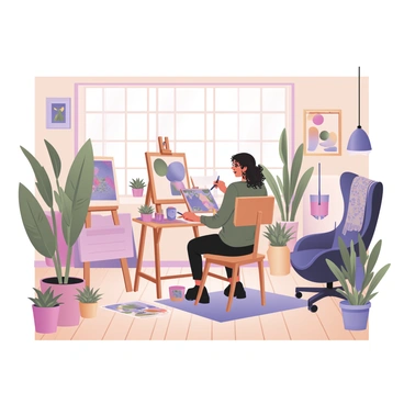 A home studio filled with sunlight and plants where an artist works