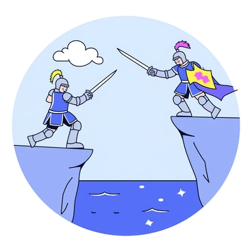Two knights in shining armor are engaged in a duel atop a rocky cliff. One knight holds a sword raised high, while the other is poised in a defensive stance, ready to parry. The cliff edges are jagged and steep, leading down to a vibrant blue ocean that sparkles under the sunlight. The sky above is clear with a few fluffy white clouds drifting by. The knights' banners flap in the gentle breeze, adding a splash of color to the scene.
