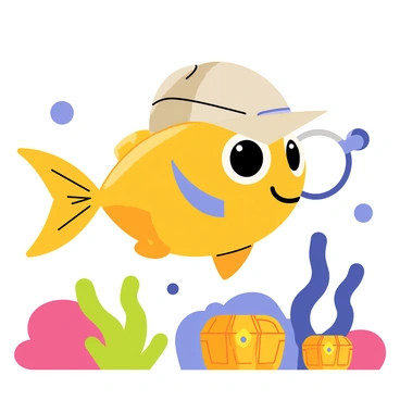 A cartoon fish with vibrant colors, wearing a classic detective hat, is holding a magnifying glass in one fin. The fish has large, expressive eyes and a curious expression on its face. It is swimming through a colorful underwater scene, surrounded by coral and bubbles. Little treasure chests and shiny objects are scattered around, hinting at the clues the fish is searching for.