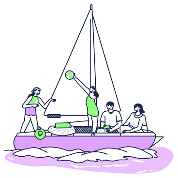 A family is spending a day on a catamaran. The catamaran is floating on calm waters under a clear sky. On the deck, two children are playing with a colorful beach ball. One child is tossing the ball to the other while laughing. The parents are seated nearby, smiling and watching the kids. The mother is wearing a sun hat and a light dress, while the father is in a short-sleeve shirt and sunglasses. The boat features two large sails and a spacious net area at the front where some beach towels are laid out. Life jackets are visible hanging from the sides of the catamaran.