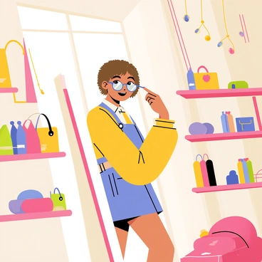 A young girl with short brown hair wearing a fashionable outfit is inside a stylish accessories store. She is holding a pair of oversized sunglasses up to her face, looking in a mirror with a playful expression. The store is filled with various accessories, including colorful scarves, hats, and bags displayed on wooden shelves. Bright light shines through the store's windows, illuminating the vibrant merchandise. The background features a chic display of jewelry and elegant decor, enhancing the trendy atmosphere of the shop.