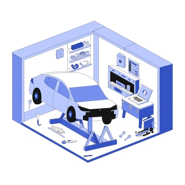 A damaged Tesla being repaired in a home garage filled with tools