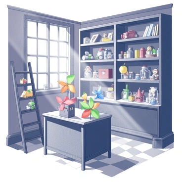 The interior of an old-fashioned toy shop is filled with various vintage toys and an assortment of colorful pinwheels. Shelves made of dark wood display row after row of wooden toys, including dolls, cars, and stuffed animals. The pinwheels, crafted from paper and attached to wooden sticks, are arranged in jars on a central table. Rays of light stream through large front windows, illuminating the dust particles dancing in the air. The shop has a warm and nostalgic atmosphere, with a checkerboard floor and a ladder leading to a higher shelf filled with old books. A small wooden cash register sits on the counter, surrounded by scattered toys and trinkets.