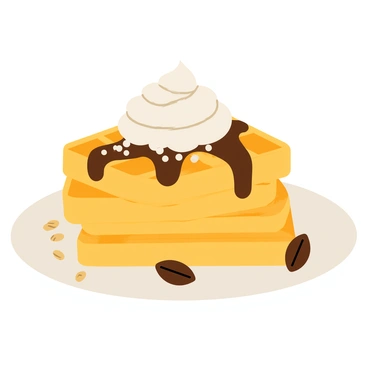 A plate of golden-brown waffles stacked high on a white dish. The waffles are generously topped with fluffy white whipped cream. Rich chocolate sauce drizzles over the top, creating a glossy finish. Chopped nuts are sprinkled around the waffles, adding texture and crunch. A few chocolate chips are scattered on the plate for extra detail.