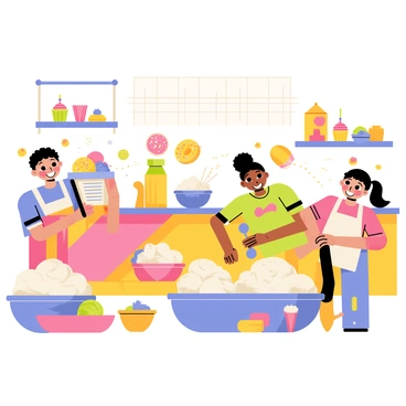 A colorful bakery interior filled with various baking tools and utensils. Children of different ethnicities are happily engaged in baking, mixing colorful ingredients in large bowls. The ingredients appear as animated characters, with flour wearing a smiling face, sugar bouncing joyfully, and eggs with expressive eyes. Flying doughnuts with sprinkles swirl around the room, leaving trails of glitter. Brightly decorated shelves display finished baked goods, such as cupcakes and cookies. The scene is lively and filled with excitement as the children interact with the talking ingredients.