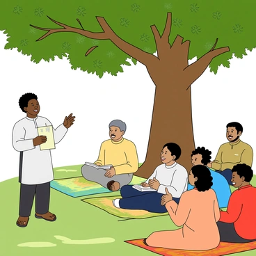 A male poet with dark skin and curly black hair is standing under a large green tree with a thick trunk and broad leaves. He is wearing a white traditional kurta and dark trousers. The poet holds a piece of paper in one hand and gestures expressively with the other as he recites Bengali poetry. An attentive audience of diverse individuals, including men and women of varying ages, sits on colorful mats spread out on the grass. Some audience members are nodding along, while others are smiling, completely engaged in the performance. Sunlight filters through the leaves, casting dappled shadows on the ground.
