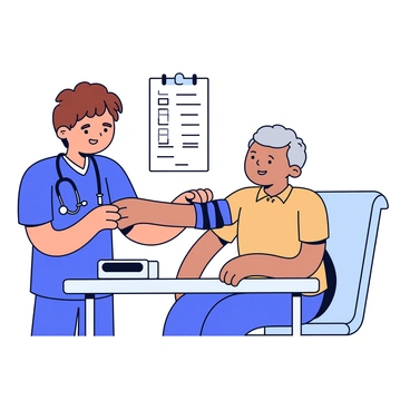 A healthcare worker with short brown hair is wearing blue scrubs and is focused on measuring the blood pressure of an elderly man. The elderly man has gray hair and is sitting comfortably on an examination table, wearing a light brown shirt. The healthcare worker is holding a blood pressure cuff and has a stethoscope around their neck. The room has a medical chart on the wall and a digital blood pressure monitor on the table next to them.