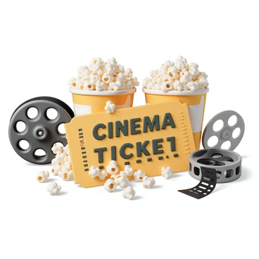 A cinema coupon, prominently displaying "Cinema Ticket" in bold letters at the top. Surrounding the text, there are several large, overflowing buckets of buttered popcorn, with kernels spilling over the edges. In the background, various film reels are arranged artistically, showcasing their metallic sheen and intricate designs. The color scheme consists of bright yellows and deep blacks, creating a vibrant contrast. The overall layout is dynamic, with elements overlapping slightly to give a sense of depth and excitement.