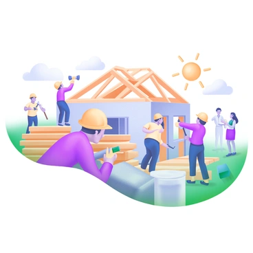 A group of diverse company staff members actively engaged in rebuilding homes in a community affected by a natural disaster. They are wearing safety gear, including hard hats and gloves. The scene includes a partially constructed house with wooden beams and a partially completed roof. Some staff members are carrying tools like hammers and drills, while others are helping to lift heavy materials. Nearby, there are stacks of building supplies, such as wood planks and bags of cement. In the background, a few community members are observing and offering assistance, showing a spirit of collaboration and support. Bright sunlight illuminates the scene, creating a hopeful atmosphere.