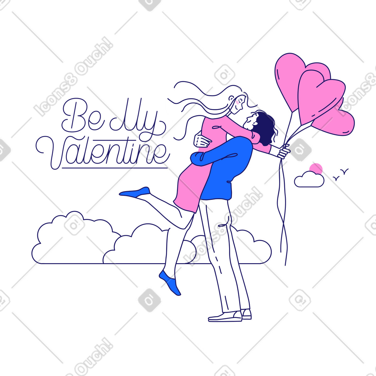 Happy hugging couple holding heart-shaped balloons, Romantic Valentine's Day celebration illustration in Matey style download in PNG, SVG