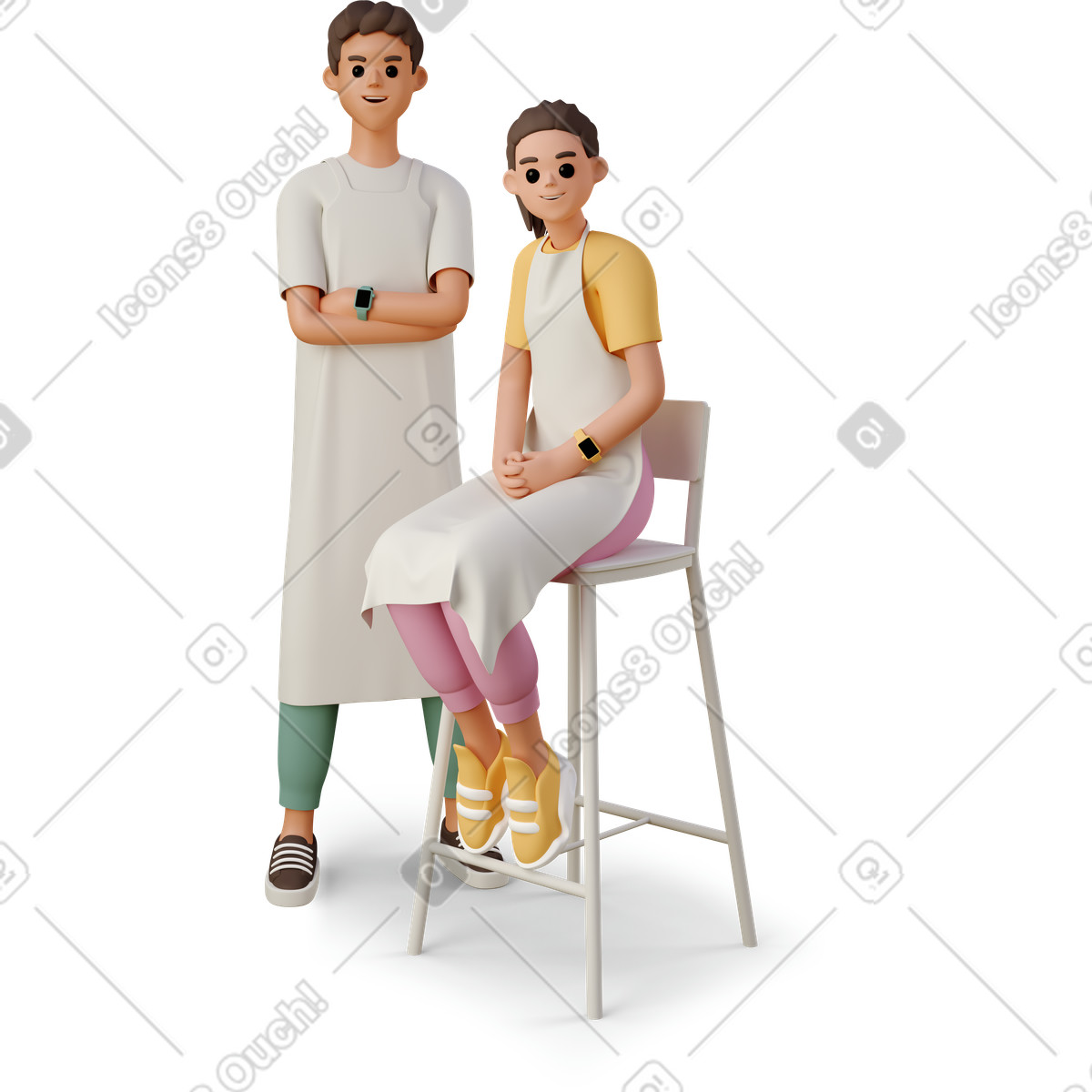 Young woman with apron sitting close to man standing-Illustration im 3D Casual life-Stil als Download in PNG, SVG
